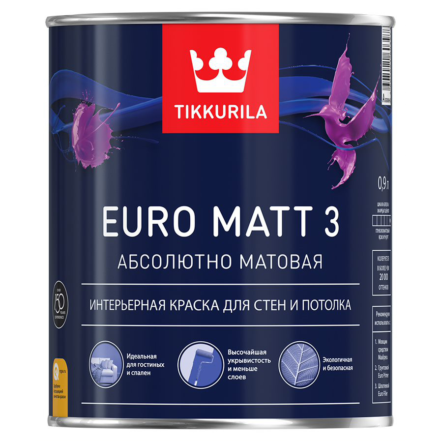 Краска водоэмульсионная EURO 3 MATT глубокоматовая (База А), Tikkurila (0,9)