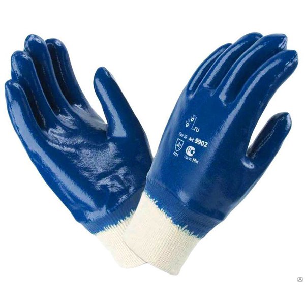 Перчатки х\б, покрытие ладони - НИТРИЛ, полный облив, манжет крага, синий.