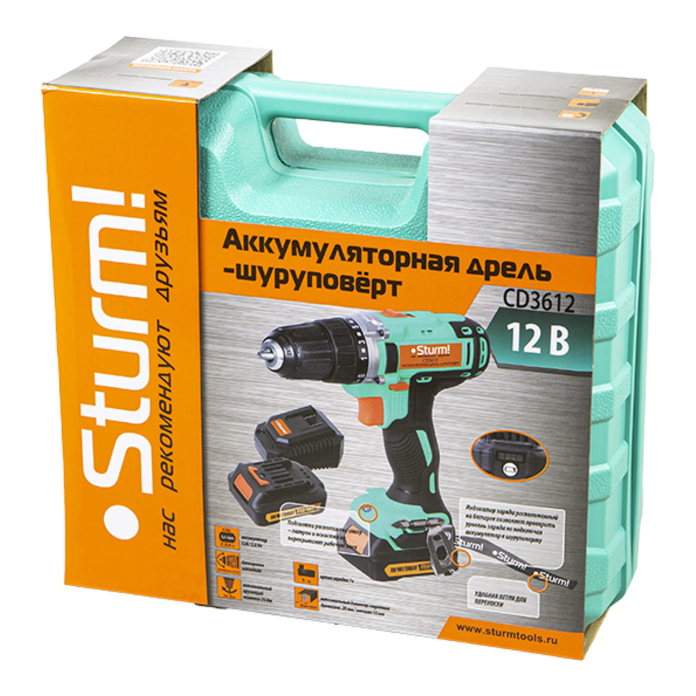 Дрель-шуруповерт аккумуляторная 12В, CD3612, 2,0А/ч "Sturm"